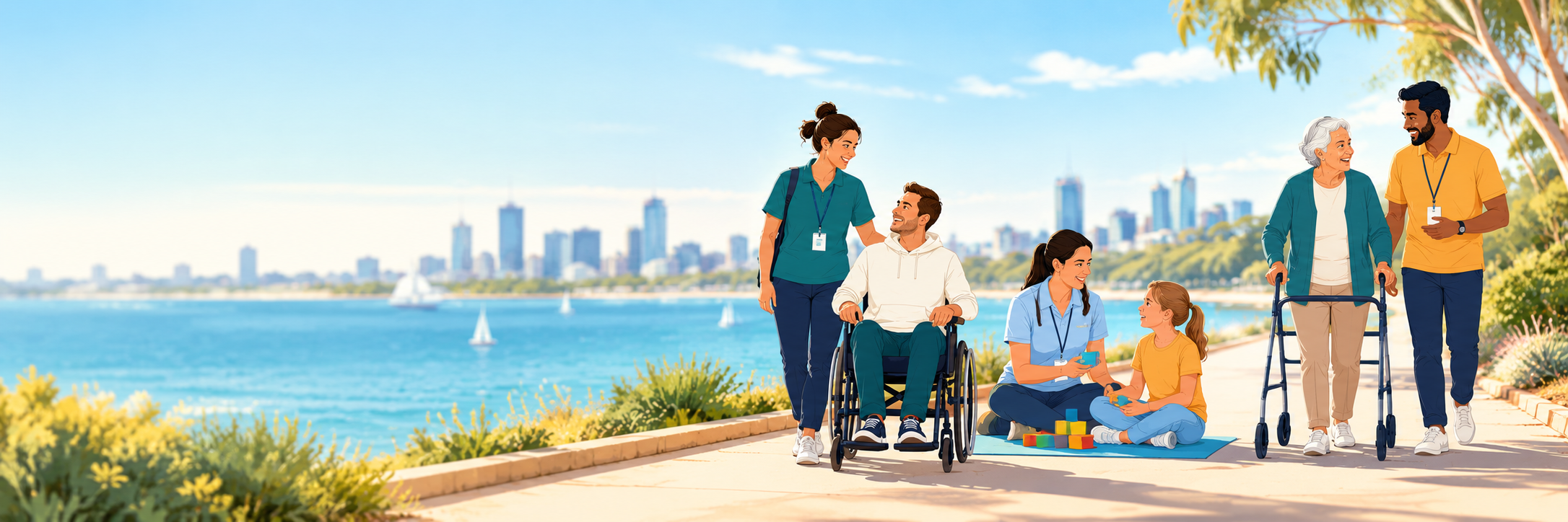 Support workers and NDIS participants on a sunny Perth riverside path